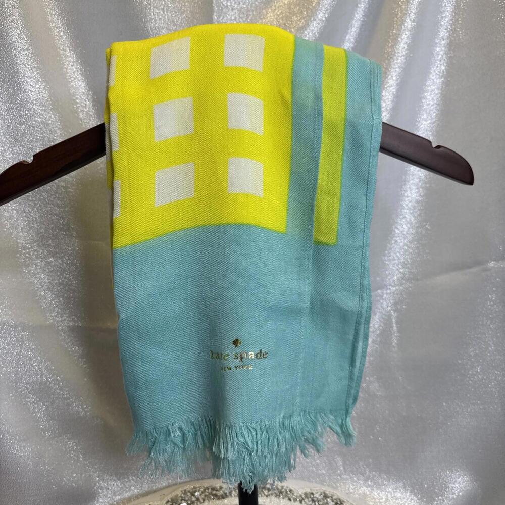 Kate Spade Lt Blue Yellow White Large Fringed Scarf 30” X  80”